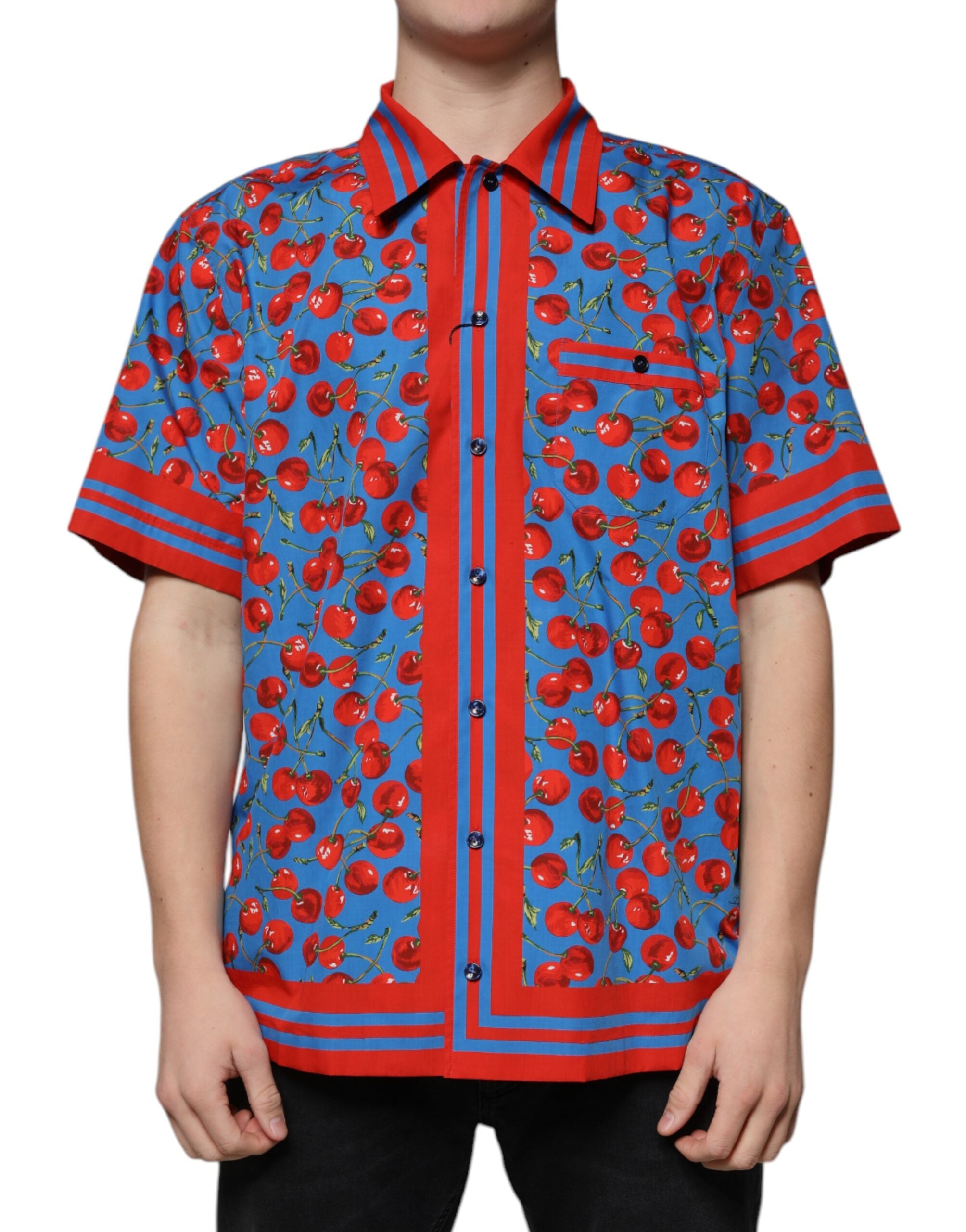 Dolce & Gabbana Blue Cherry Cotton Button-Down Casual Shirt